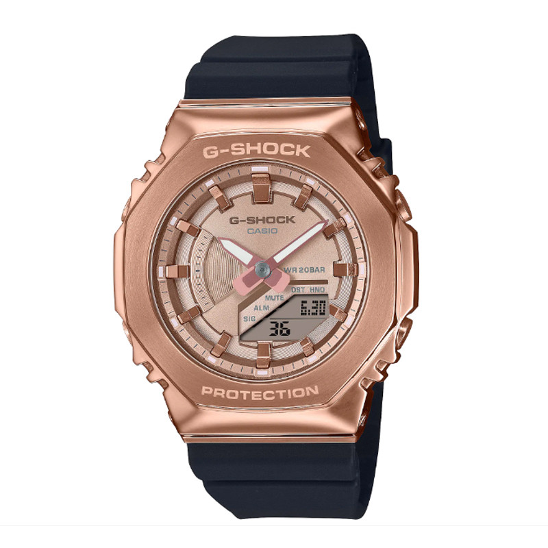 Jam Tangan Casio Wmns G shock Metal Covered Digital Analog Dial Pink Gold Black